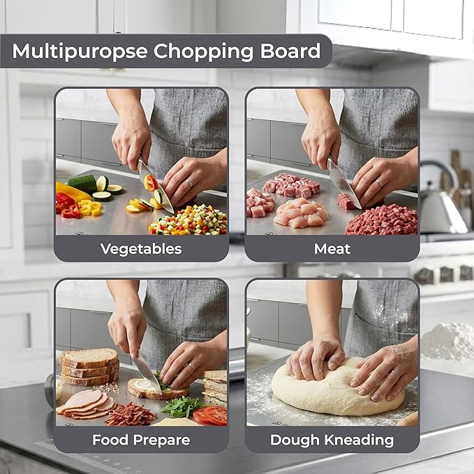 Stainless Steel Chopping Board Free Rolling Pin, Hygienic & Heavy Duty Countertop Cutting Board, For Vegetables, Fruits, Meat & Roti Dough