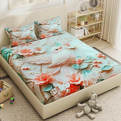 Cute Birds 7D bedsheet for Double Bed
