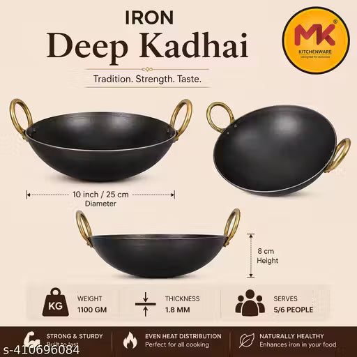Mk Kitchenware Iron Deep Kadhai 25 CM/ 10 Inch 2.5 Litre Heavy duty 1.2 KG Original pure iron