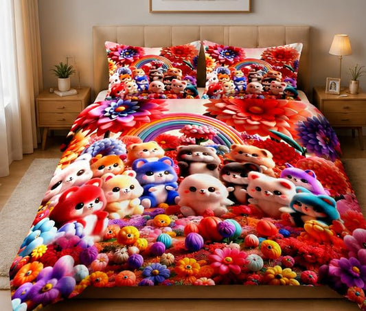 7D Printed Bedsheet | Premium Soft Double Bed Bedsheet Multi Teddy