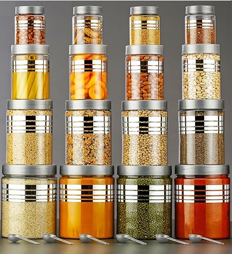 Durable 16-Piece Airtight Kitchen Storage Containers - Clear Plastic Set with Free Spoons in Various Sizes (1200ml, 650ml, 350ml, 250ml) Pack Of 16, Clear