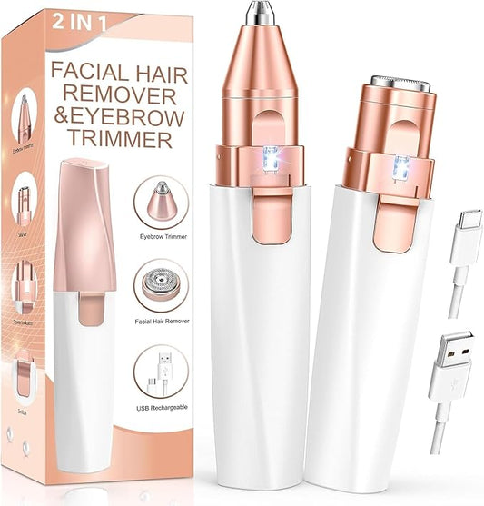 Facial Hair Remover for Women, Eyebrow Trimmer & Face Hair Remover 2 in 1 Face Shavers, Rechargable Eyebrows, Lips, Arms