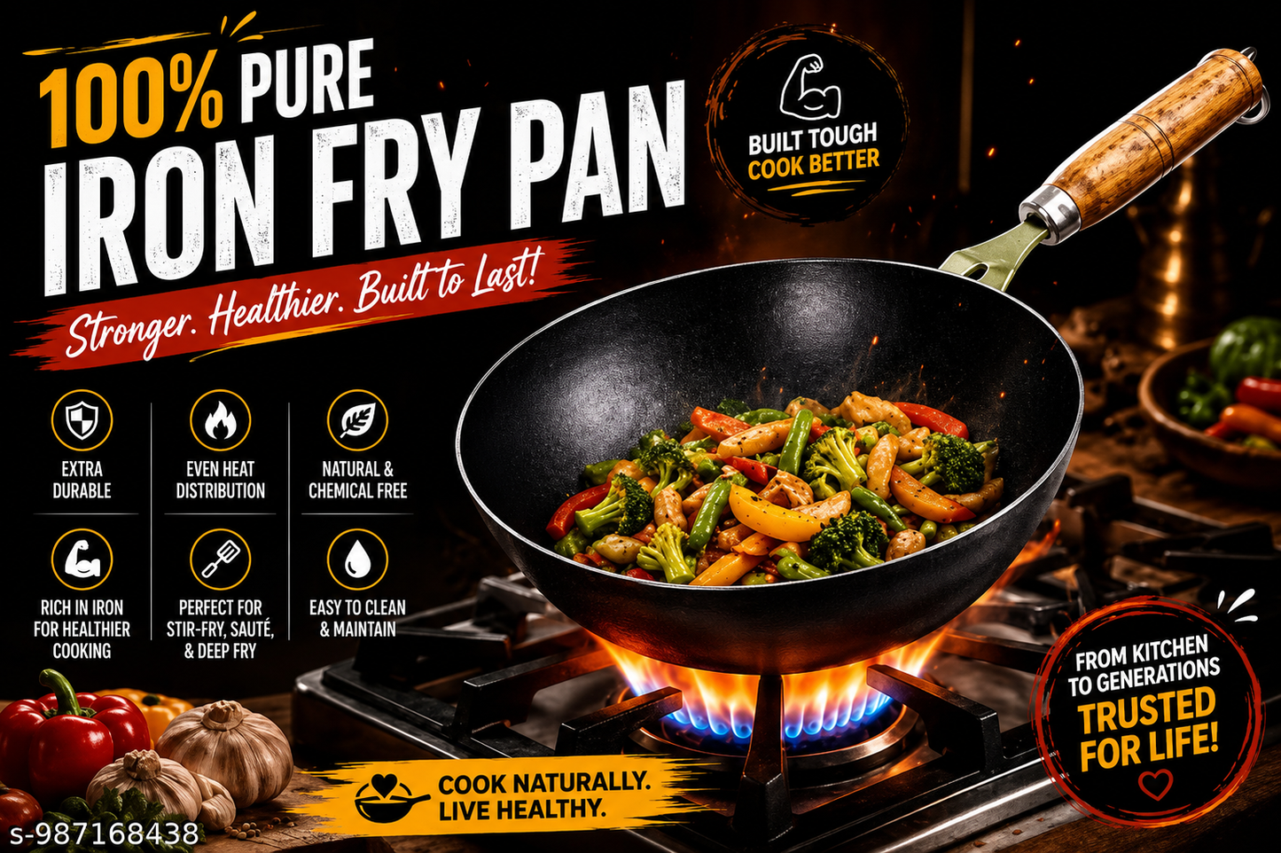 Primem pure iron fry pan and wooden hendal strong body Long lasting