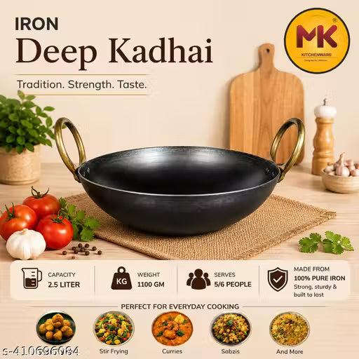 Mk Kitchenware Iron Deep Kadhai 25 CM/ 10 Inch 2.5 Litre Heavy duty 1.2 KG Original pure iron