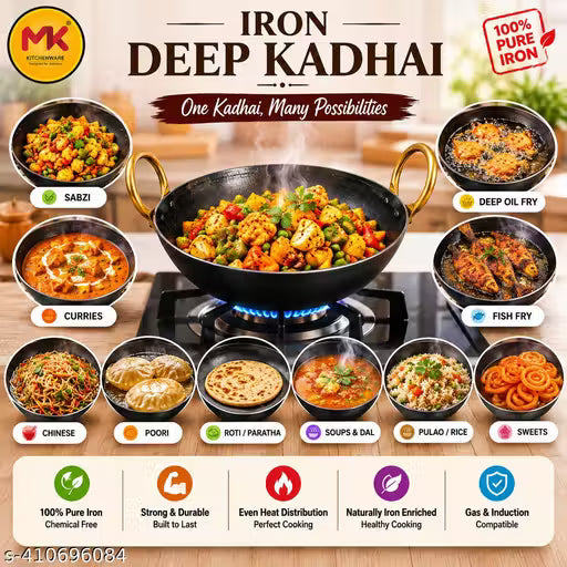 Mk Kitchenware Iron Deep Kadhai 25 CM/ 10 Inch 2.5 Litre Heavy duty 1.2 KG Original pure iron